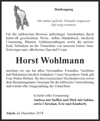 Traueranzeige von Horst Wohlmann von Thüringer Allgemeine, Thüringische Landeszeitung