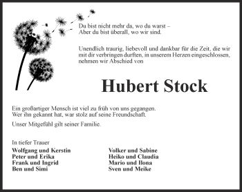 Traueranzeige von Hubert Stock von Thüringer Allgemeine