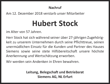 Traueranzeige von Hubert Stock von Thüringer Allgemeine, Thüringische Landeszeitung