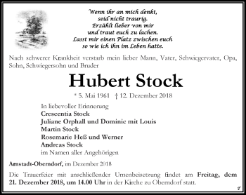 Traueranzeige von Hubert Stock von Thüringer Allgemeine