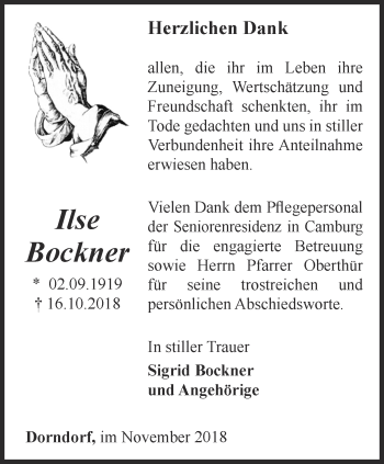 Traueranzeige von Ilse Bockner von Ostthüringer Zeitung, Thüringische Landeszeitung