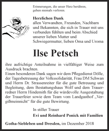 Traueranzeige von Ilse Petsch von Ostthüringer Zeitung, Thüringische Landeszeitung