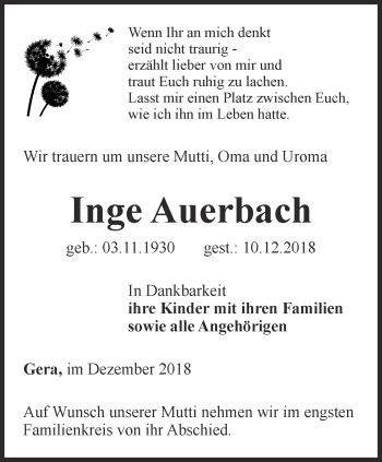 Traueranzeige von Inge Auerbach von Ostthüringer Zeitung