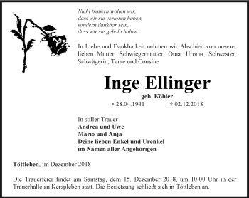 Traueranzeige von Inge Ellinger von Thüringer Allgemeine, Thüringische Landeszeitung