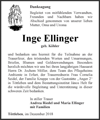Traueranzeige von Inge Ellinger von Thüringer Allgemeine, Thüringische Landeszeitung
