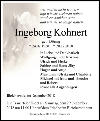 Traueranzeige von Ingeborg Kohnert von Thüringer Allgemeine