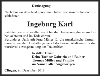 Traueranzeige von Ingeburg Karl von Thüringer Allgemeine