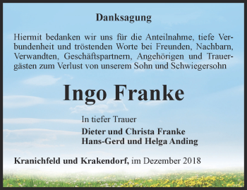 Traueranzeige von Ingo Franke von Thüringer Allgemeine, Thüringische Landeszeitung