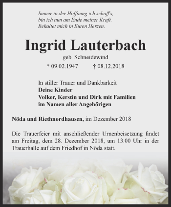 Traueranzeige von Ingrid Lauterbach von Thüringer Allgemeine