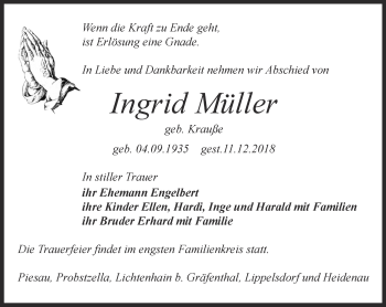 Traueranzeige von Ingrid Müller von Ostthüringer Zeitung