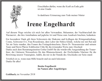 Traueranzeige von Irene Engelhardt  von Ostthüringer Zeitung, Thüringische Landeszeitung