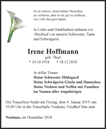 Traueranzeige von Irene Hoffmann von Ostthüringer Zeitung