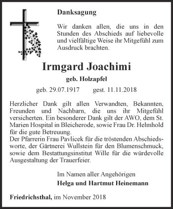 Traueranzeige von Irmgard Joachimi von Thüringer Allgemeine