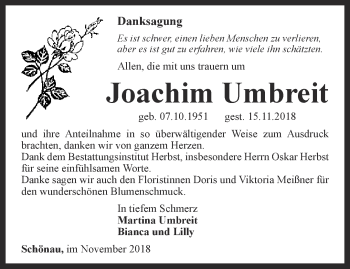 Traueranzeige von Joachim Umbreit von Thüringer Allgemeine, Thüringische Landeszeitung