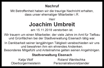 Traueranzeige von Joachim Umbreit von Thüringer Allgemeine, Thüringische Landeszeitung