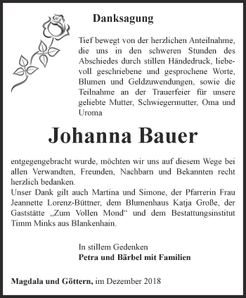 Traueranzeige von Johanna Bauer von Thüringer Allgemeine, Thüringische Landeszeitung