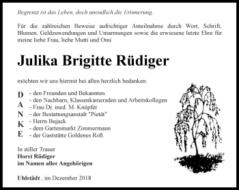 Traueranzeige von Julika Brigitte Rüdiger von Ostthüringer Zeitung