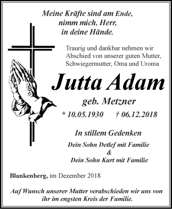 Traueranzeige von Jutta Adam von Ostthüringer Zeitung