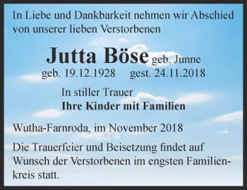 Traueranzeige von Jutta Böse von Thüringer Allgemeine, Thüringische Landeszeitung