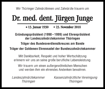 Traueranzeige von Jürgen Junge von Thüringer Allgemeine, Thüringische Landeszeitung, Ostthüringer Zeitung