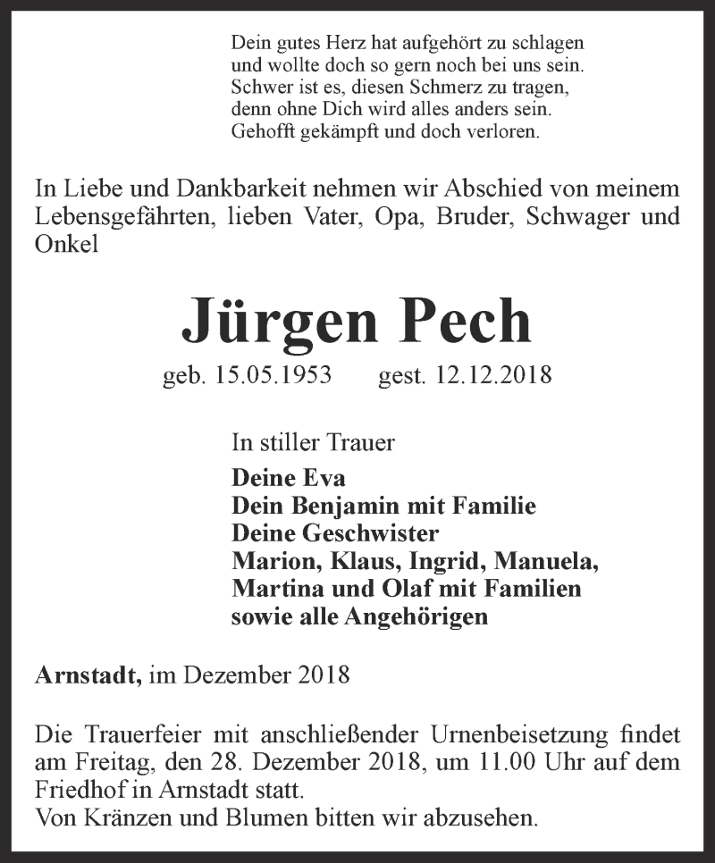  Traueranzeige für Jürgen Pech vom 22.12.2018 aus Thüringer Allgemeine