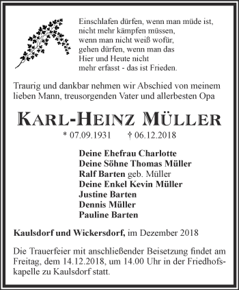 Traueranzeige von Karl-Heinz Müller