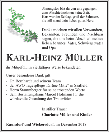 Traueranzeige von Karl-Heinz Müller
