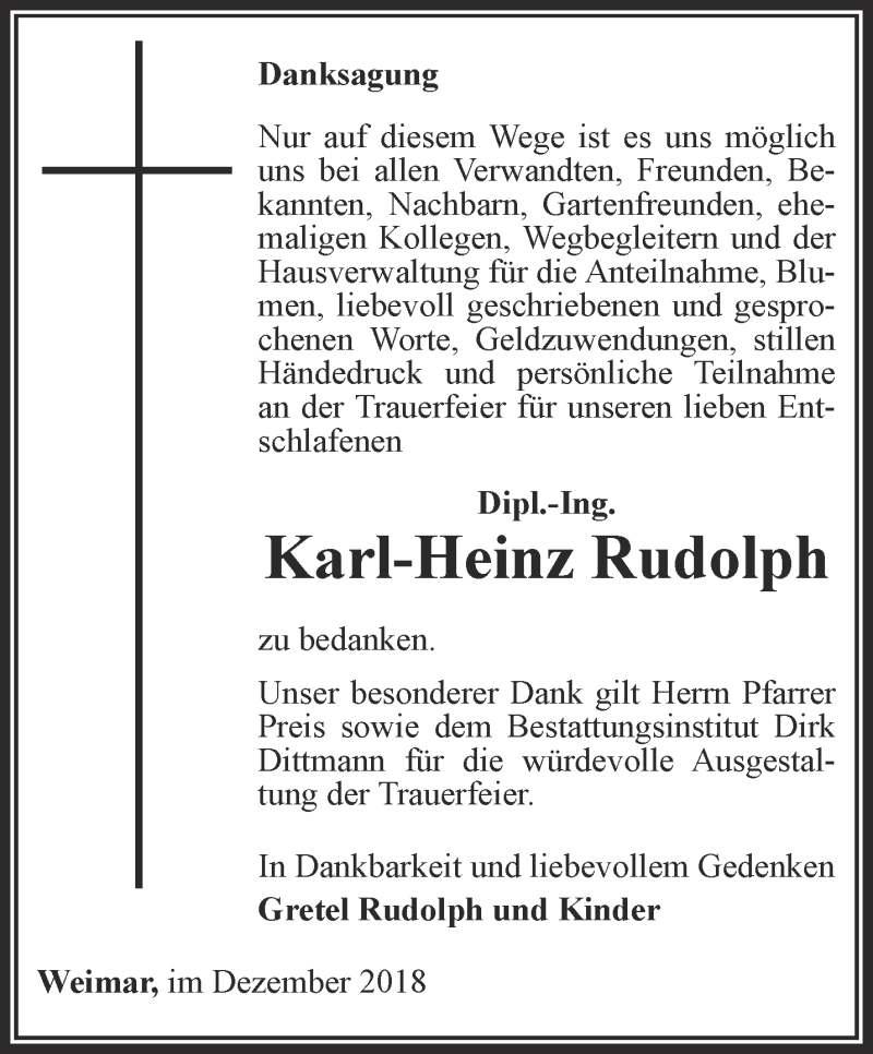  Traueranzeige für Karl-Heinz Rudolph vom 22.12.2018 aus Thüringer Allgemeine, Thüringische Landeszeitung