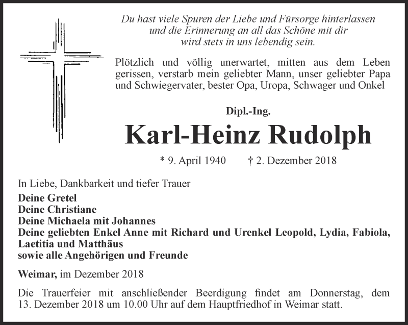  Traueranzeige für Karl-Heinz Rudolph vom 08.12.2018 aus Thüringer Allgemeine, Thüringische Landeszeitung