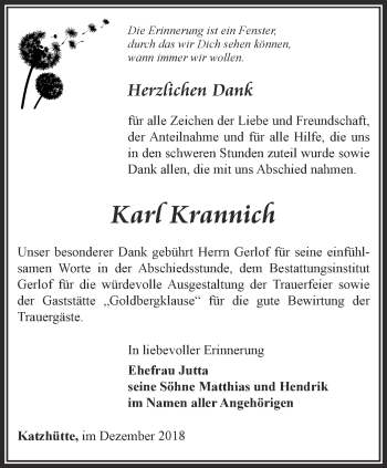 Traueranzeige von Karl Krannich von Ostthüringer Zeitung