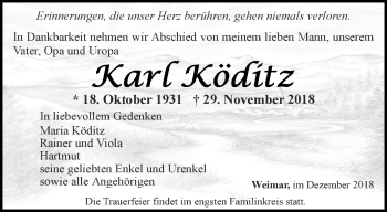 Traueranzeige von Karl Köditz von Thüringer Allgemeine, Thüringische Landeszeitung