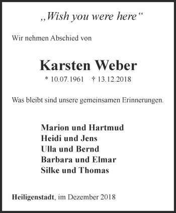 Traueranzeige von Karsten Weber von Thüringer Allgemeine