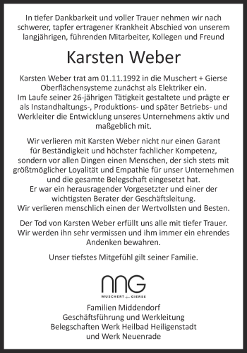 Traueranzeige von Karsten Weber von Thüringer Allgemeine