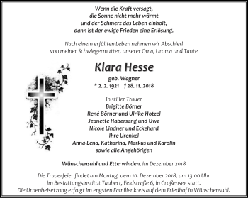 Traueranzeige von Klara Hesse von Thüringer Allgemeine, Thüringische Landeszeitung