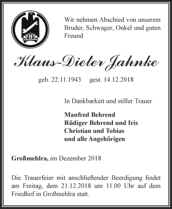 Traueranzeige von Klaus-Dieter Jahnke von Thüringer Allgemeine, Thüringische Landeszeitung