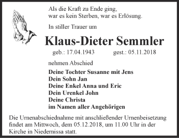 Traueranzeige von Klaus-Dieter Semmler