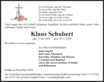 Traueranzeige von Klaus Schubert von Ostthüringer Zeitung