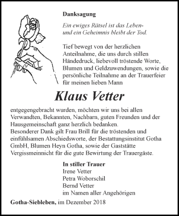 Traueranzeige von Klaus Vetter von Ostthüringer Zeitung, Thüringische Landeszeitung