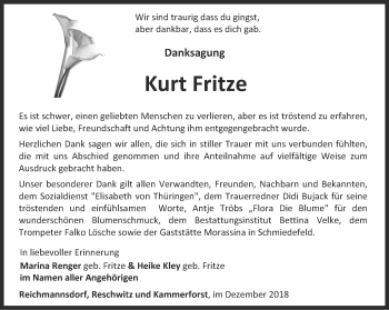 Traueranzeige von Kurt Fritze von Ostthüringer Zeitung