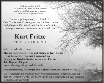 Traueranzeige von Kurt Fritze von Ostthüringer Zeitung