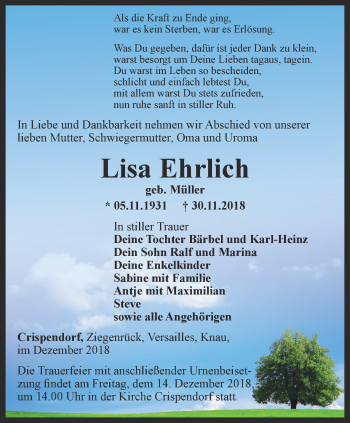 Traueranzeige von Lisa Ehrlich von Ostthüringer Zeitung