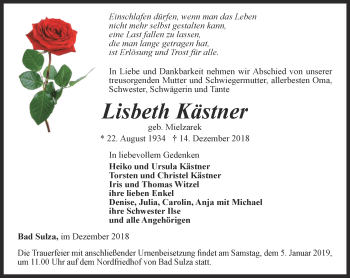 Traueranzeige von Lisbeth Kästner von Thüringer Allgemeine, Thüringische Landeszeitung