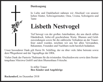 Traueranzeige von Lisbeth Nestvogel von Ostthüringer Zeitung