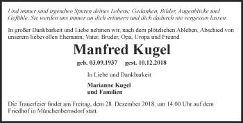 Traueranzeige von Manfred Kugel von Ostthüringer Zeitung