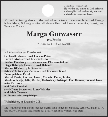 Traueranzeige von Marga Gutwasser von Thüringer Allgemeine, Thüringische Landeszeitung