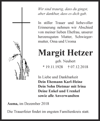 Traueranzeige von Margit Hetzer von Ostthüringer Zeitung