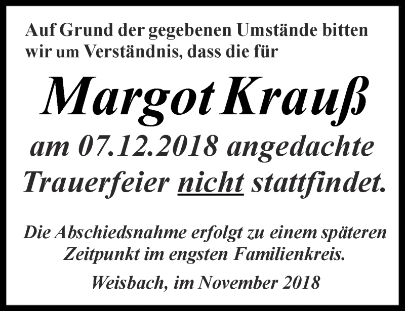  Traueranzeige für Margot Krauß vom 01.12.2018 aus Ostthüringer Zeitung