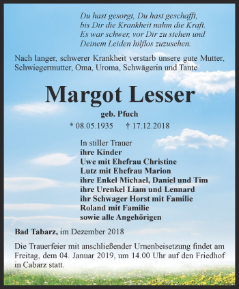 Traueranzeige von Margot Lesser von Ostthüringer Zeitung, Thüringische Landeszeitung