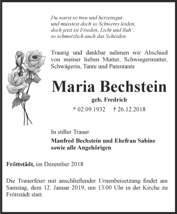 Traueranzeige von Maria Bechstein von Ostthüringer Zeitung, Thüringische Landeszeitung