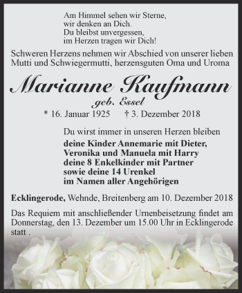 Traueranzeige von Marianne Kaufmann von Thüringer Allgemeine